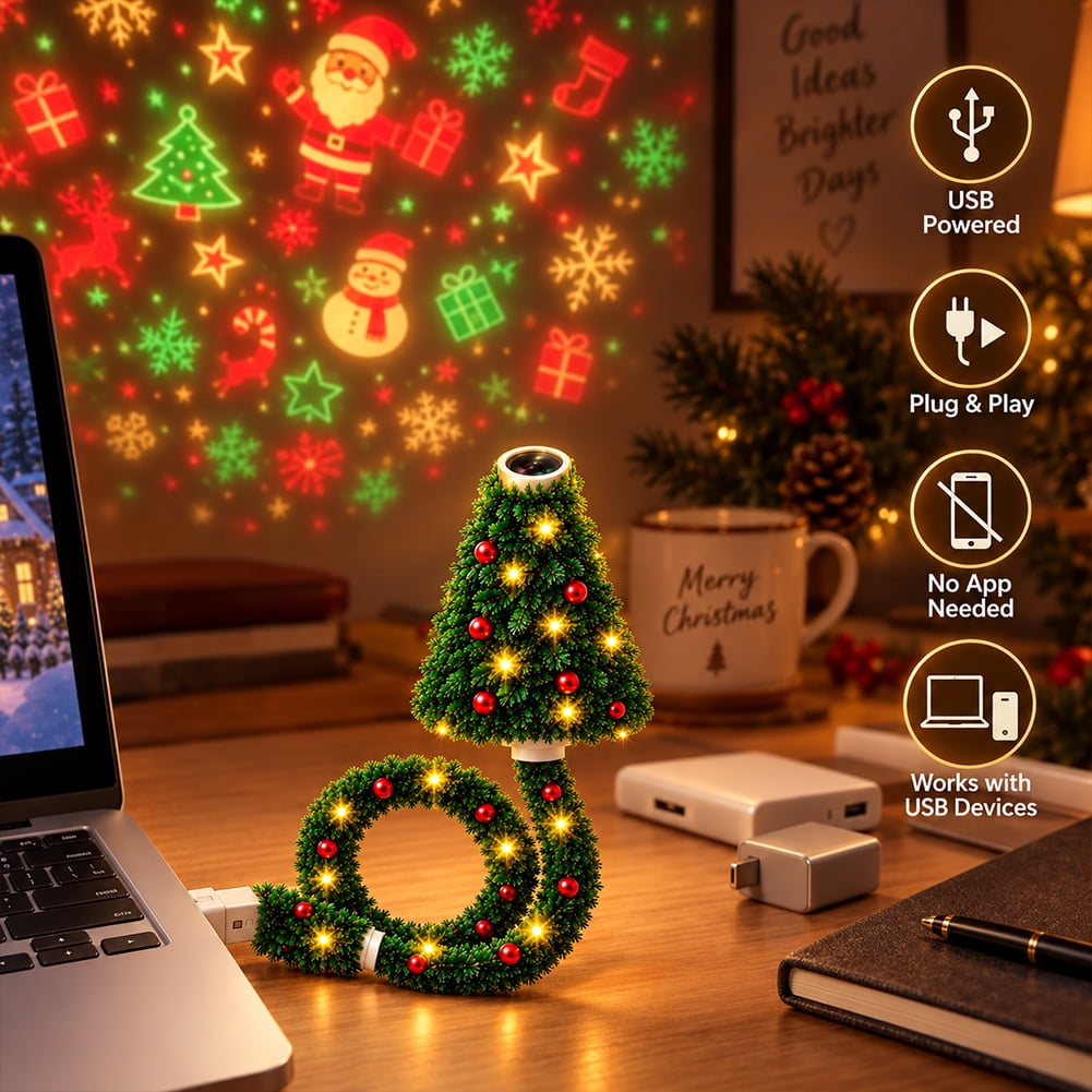 Christmas Projector Light Tree-Shaped, HD Plug Christmas Projector for Wall and Ceiling Decor, USB Indoor Christmas Light for Room, Party and Seasonal Displays