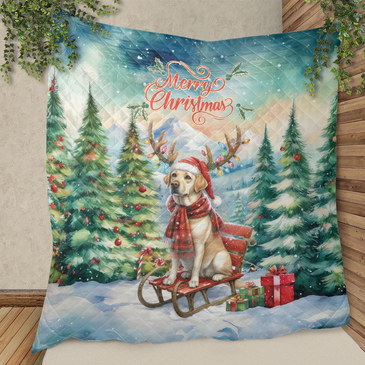 Merry Christmas Santa Reindeer Antlers French Bulldog Sleigh Xmas Winter Holiday Quilt Bedding Set Dog Lover Gifts 1 Blanket Bed Cover 2 Pillowcases - 00023