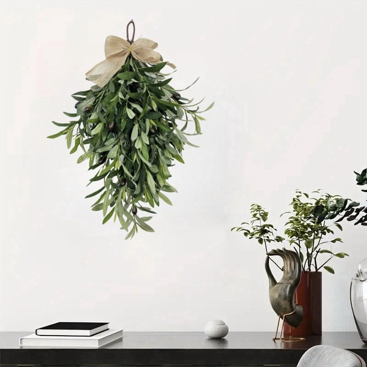 COM1950s 24 Inch Artificial Olive Wreath for Spring, Teardrop Hanging Floral Wreath with Burlap Bow for Front Door, Wall Decor, Indoor Outdoor Home Decoration