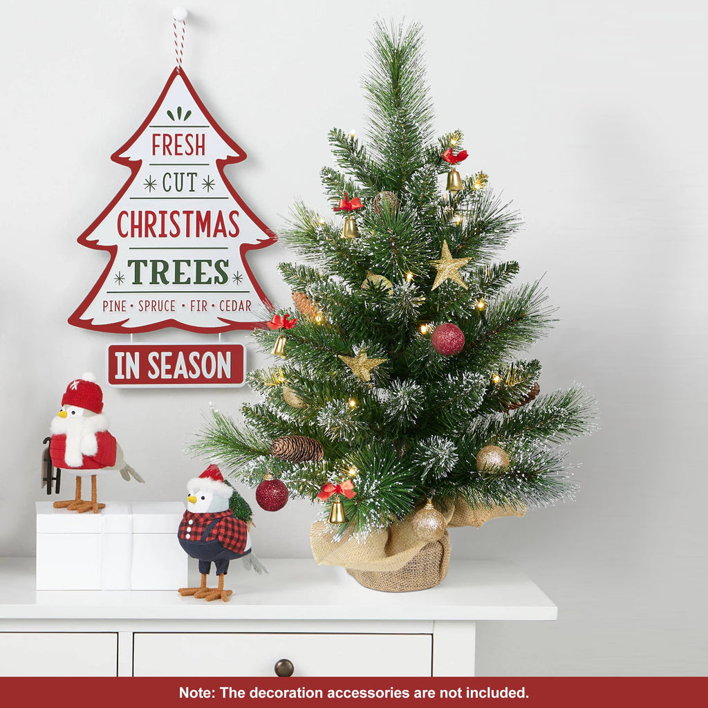 Bringstar 2FT Pre-Lit Artificial Mini Christmas Tree, Snow Tipped Tabletop Xmas Tree with 35 LED Lights, Pine Cones & Burlap Base