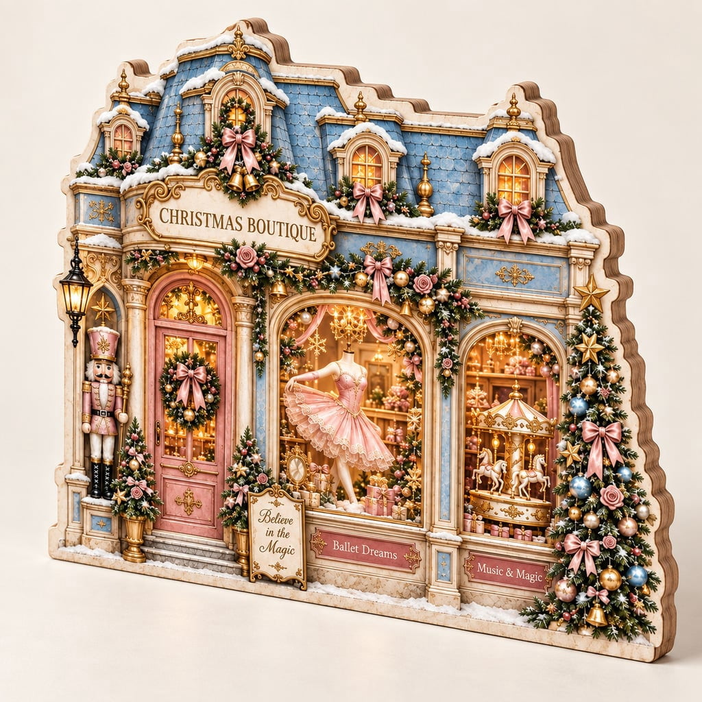 Shelf Sitter, Personalized Nutcracker Ballet Pink Holiday Village, Wood Mantel Decor for Christmas
