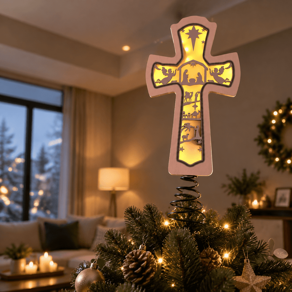 Lighted Christmas Tree Topper Wooden Nativity Cross Scene with Hollow Silhouette Glow for Holiday Decor