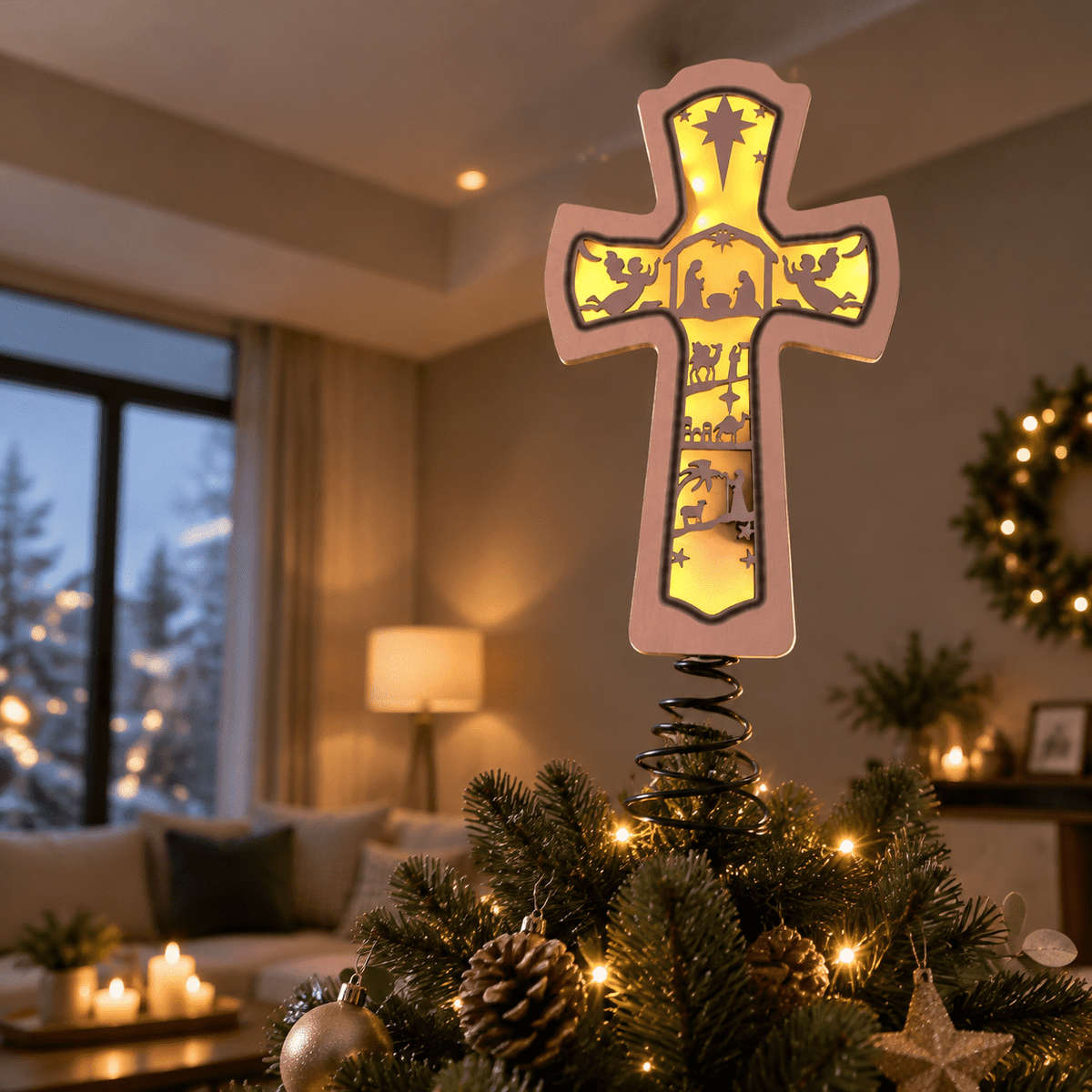 Lighted Christmas Tree Topper Wooden Nativity Cross Scene with Hollow Silhouette Glow for Holiday Decor