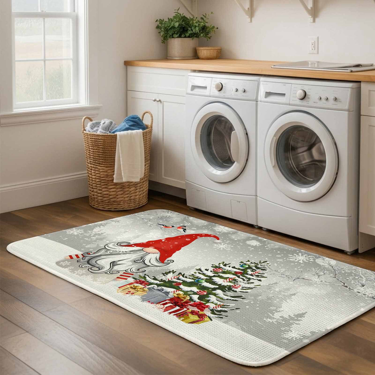 Pink Gnomes Christmas Washable Area Rugs for Living Room Bedroom, Large Non Slip Indoor Floor Carpet Absorbent Xmas Tree Gifts Winter Snowflake Birds Door Mat Rugs for Bathroom Entryway 47.2"x63"