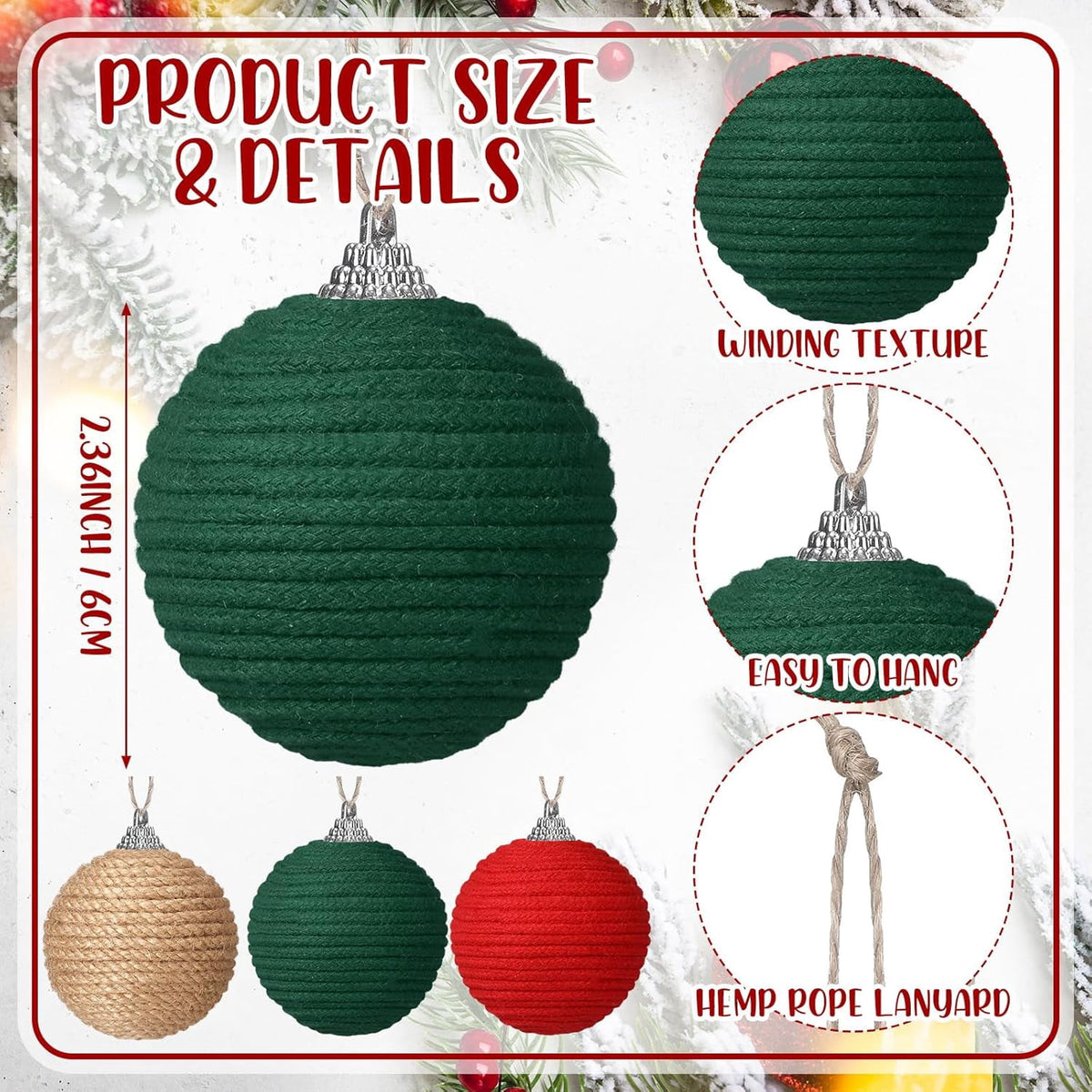 9Pcs 9 Pcs 2.36 Inch Christmas Ball Ornaments Farmhouse Jute Rope Hanging Balls Burlap Neutral Rustic Ornaments for Xmas Tree Holiday Wreath Garland Wedding Home(White,Beige,Dark Brown)