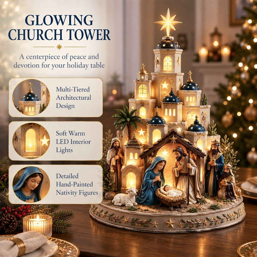 Bethlehem Star of Faith Lighted Nativity Tabletop Decor, Nativity Set, Nativity Sets and Figures, Lighted Church Tower, Warm LED