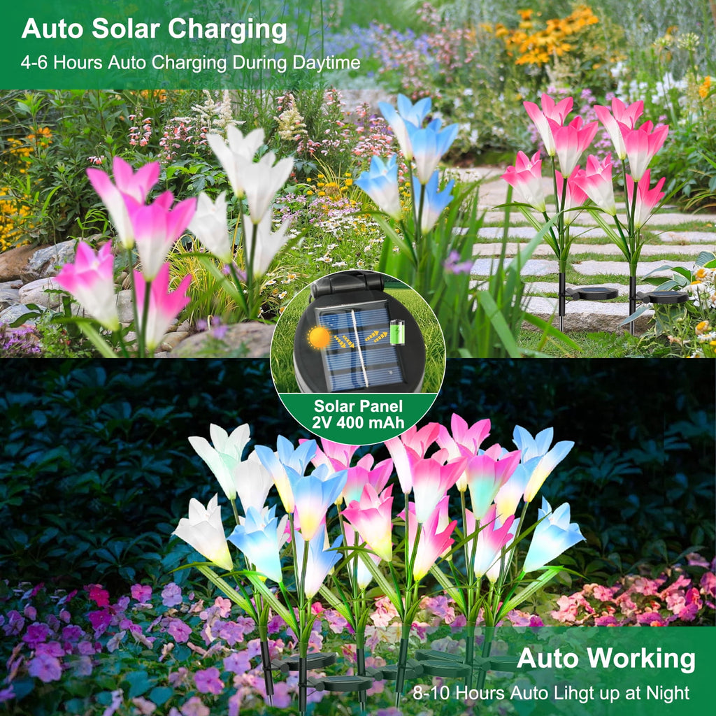 Solar Garden Lights Outdoor Decor, Lily Flower Garden Stake Lights Waterproof, 4 PCS LED Solar Lights Solar Powered for Outside Patio Garden Pathway Yard Decoration, Color Changing