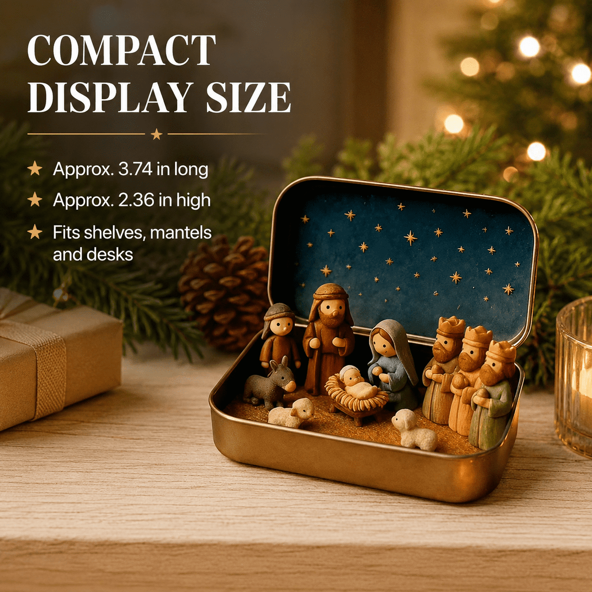 Christmas Nativity Scene in a Tin Mini Manger Scene Portable Tin Box Tabletop Decor for Mantel Shelf Fireplace Desk Holiday Decoration