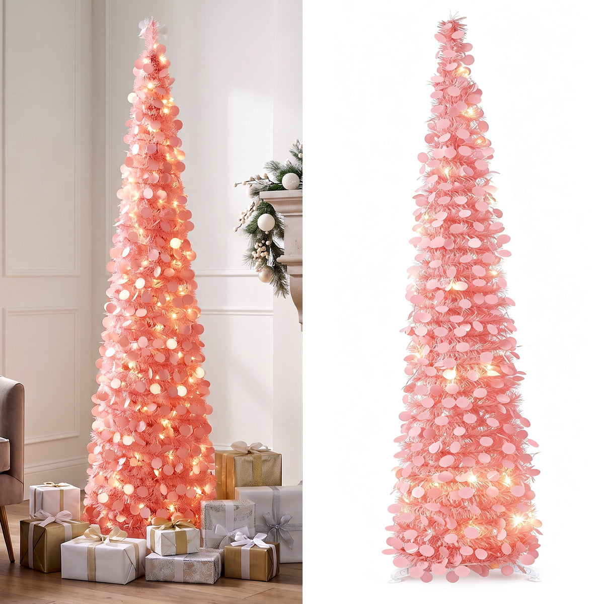 Ayieyill 5ft Pop up Christmas Tree,Color Artificial Pencil Tinsel Xmas Trees for Christmas Indoor Decorations, Collapsible Christmas Tree (Silver)