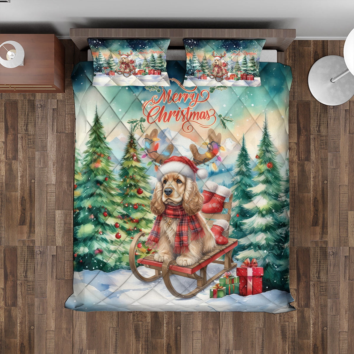 Merry Christmas Santa Reindeer Antlers French Bulldog Sleigh Xmas Winter Holiday Quilt Bedding Set Dog Lover Gifts 1 Blanket Bed Cover 2 Pillowcases - 00023