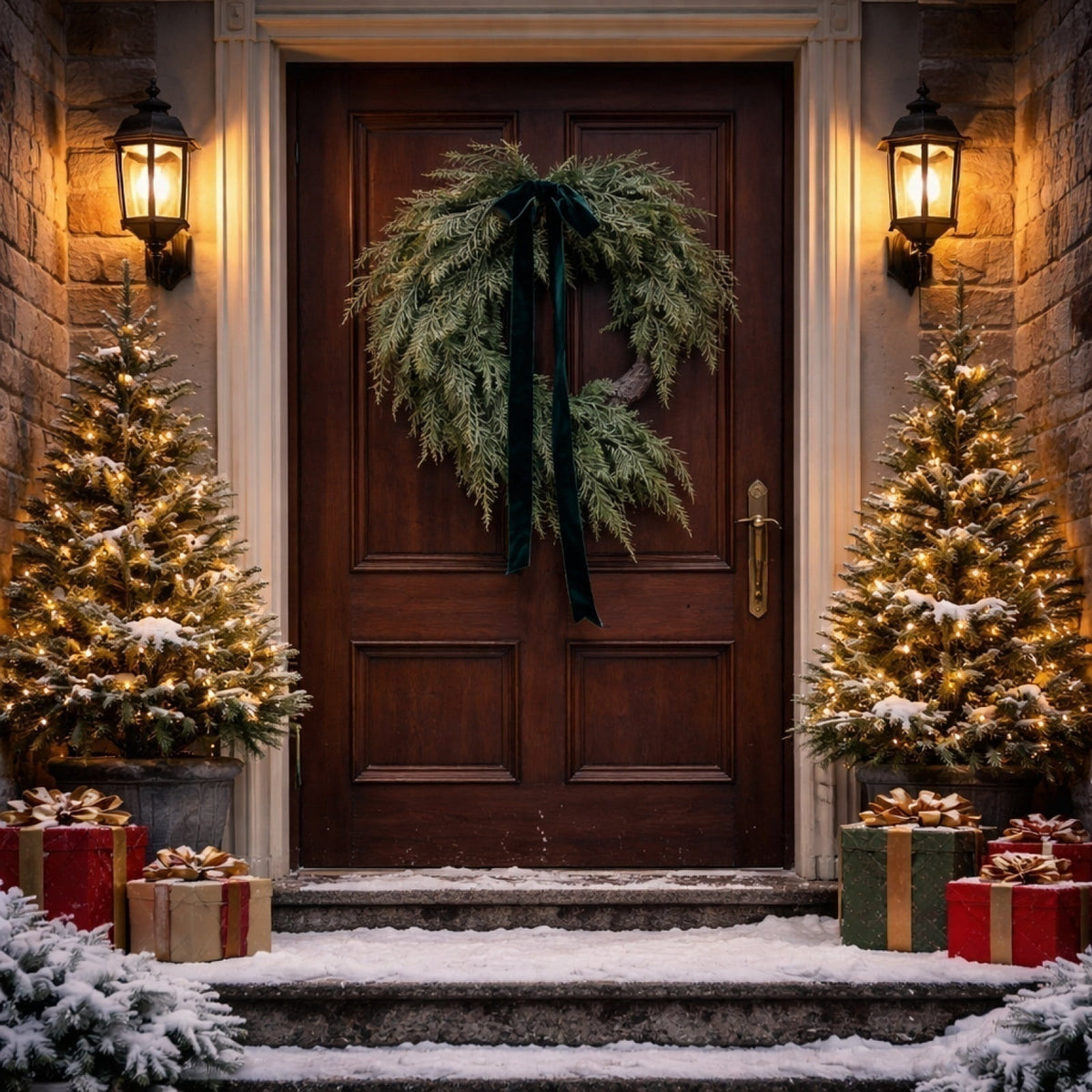 THOPBPRK Artificial Cedar Half Wreath for Front Door Christmas Decorations DIY Holiday with Bow Winter Hanging Ornament for Wall Window Home Decor, 23.6" A