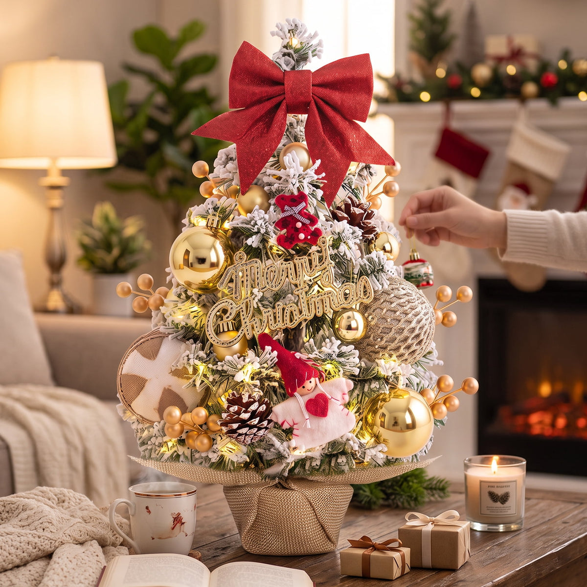 22" Mini Christmas Tree with 30 LEDs, Red Berries & Pinecones, DIY Kit, Battery Powered Tabletop Tree Christmas Decorations Gifts for Dorms, Offices, Home, Classrooms Desks & Small Spaces