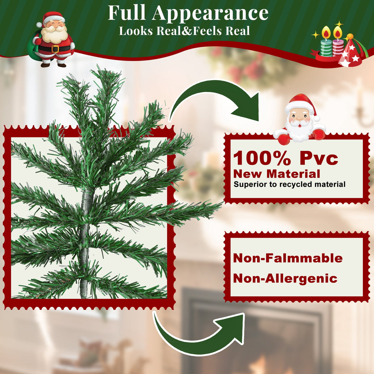 Aufeile 6ft Pencil Christmas Tree, Slim Pre-Lit Xmas Tree, 200 LED Lights, 600 Hinged Tips, Pine Cones, Berries, Metal Stand