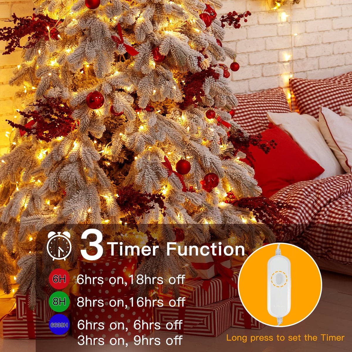 Ollny 66ft 200 LED Christmas String Lights , 8 Lighting Modes 3 Timing Waterproof Indoor Outdoor Xmas Decorative Lights, Warm-white
