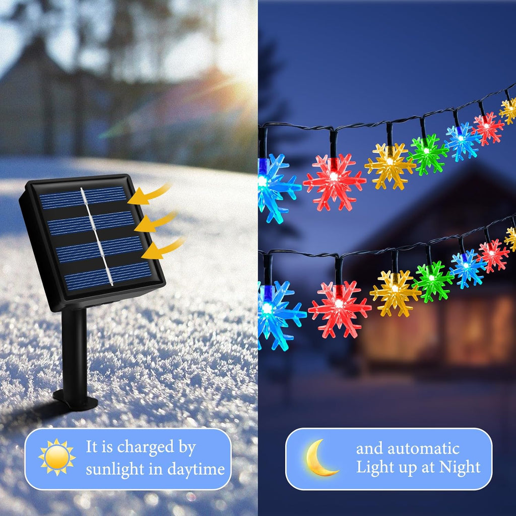 Fohil Solar Christmas Snowflake String Lights Outdoor Waterproof 100 LED Multicolor 8 Mode 39 ft for Christmas Tree Garden Fence Yard Decoration