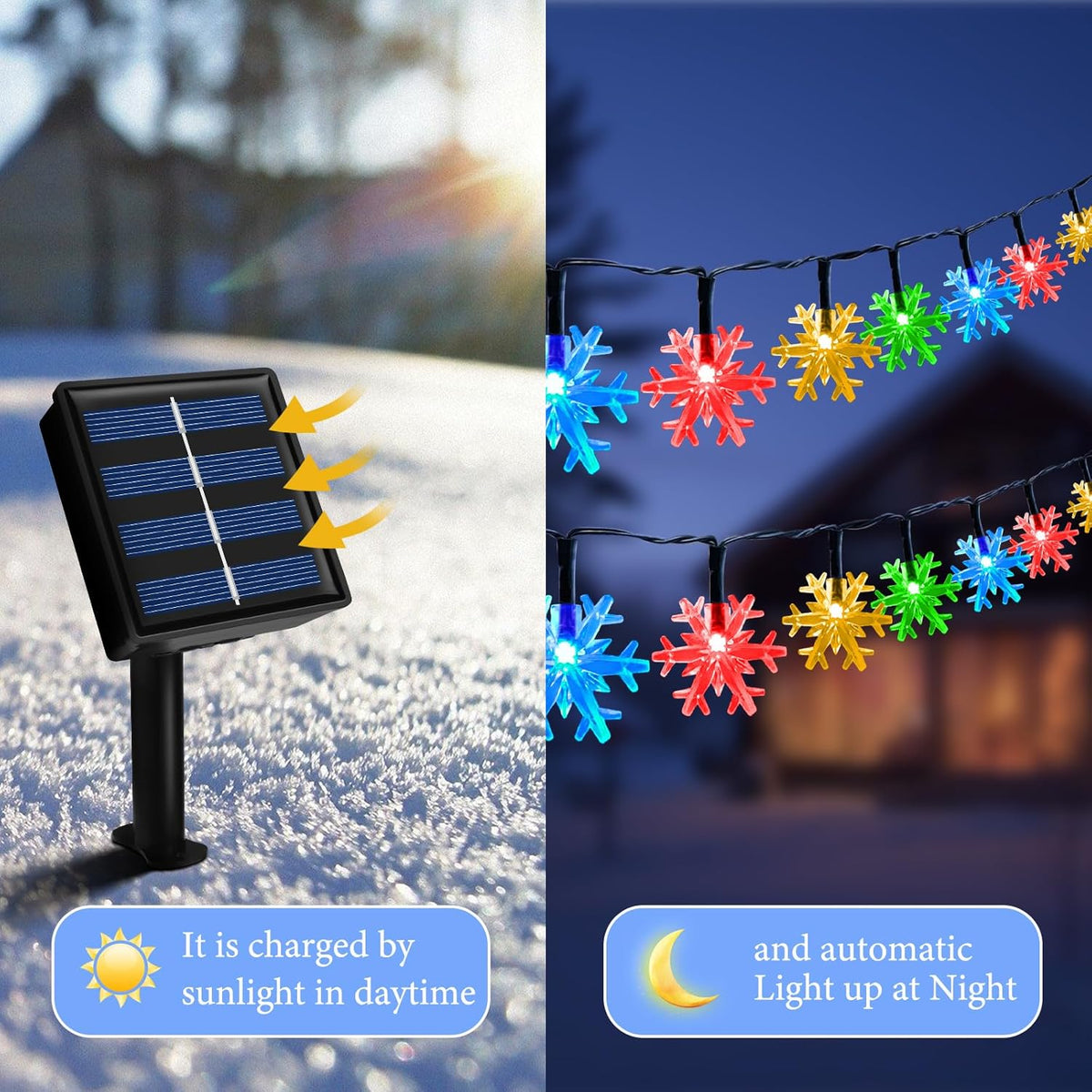 Fohil Solar Christmas Snowflake String Lights Outdoor Waterproof 100 LED Multicolor 8 Mode 39 ft for Christmas Tree Garden Fence Yard Decoration