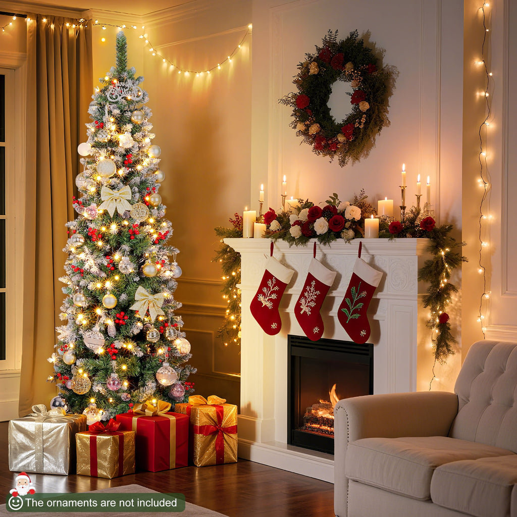 Aufeile 6ft Pencil Christmas Tree, Slim Pre-Lit Xmas Tree, 200 LED Lights, 600 Hinged Tips, Pine Cones, Berries, Metal Stand