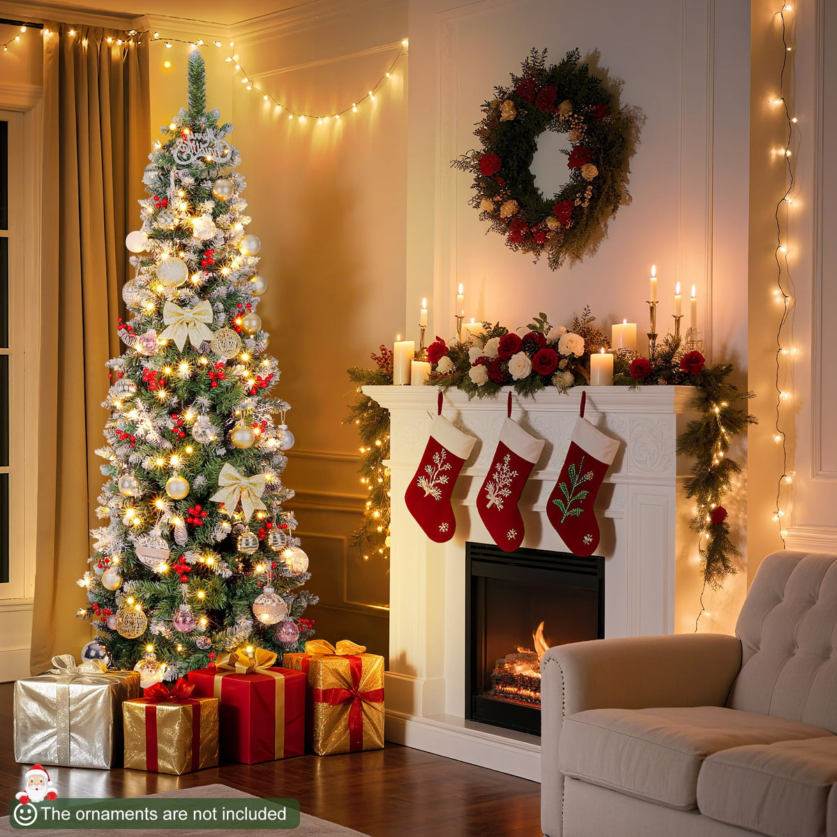 Aufeile 6ft Pencil Christmas Tree, Slim Pre-Lit Xmas Tree, 200 LED Lights, 600 Hinged Tips, Pine Cones, Berries, Metal Stand