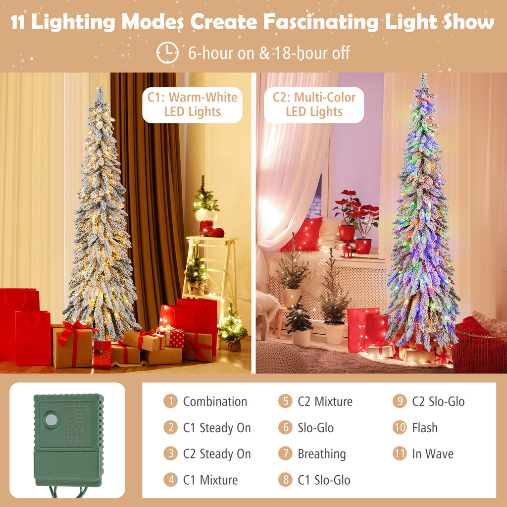 Topbuy 4FT Pre-lit Artificial Christmas Tree Snow-flocked Xmas Pencil Tree with 225 Branch Tips 100 LED Lights 2 Lighting Colors