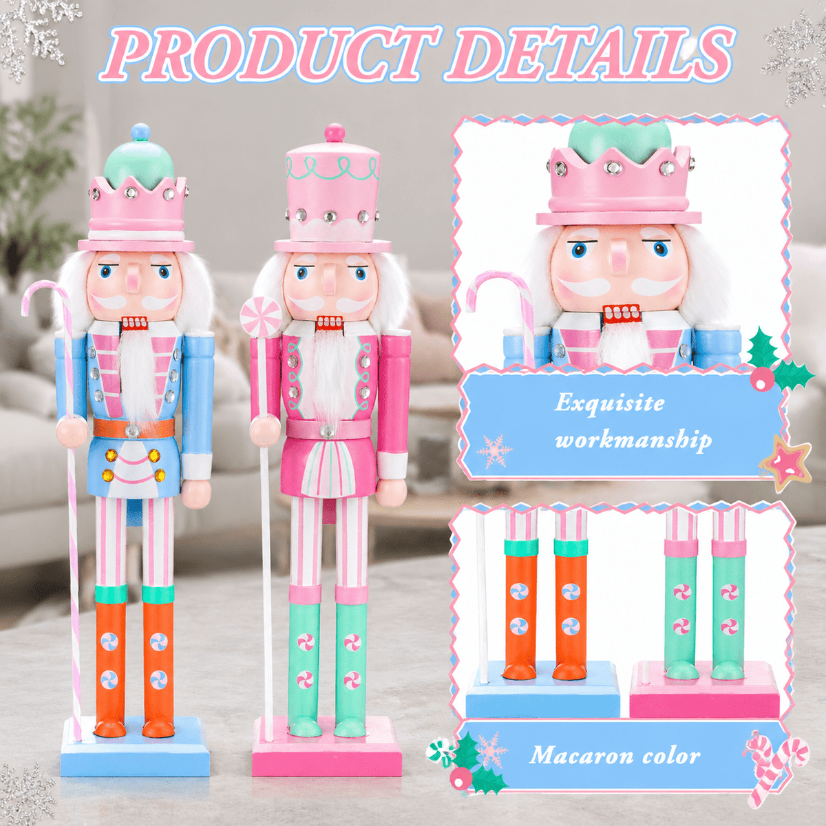 2 Pastel Nutcracker Christmas Figures, Wooden Holiday Decorations for Home