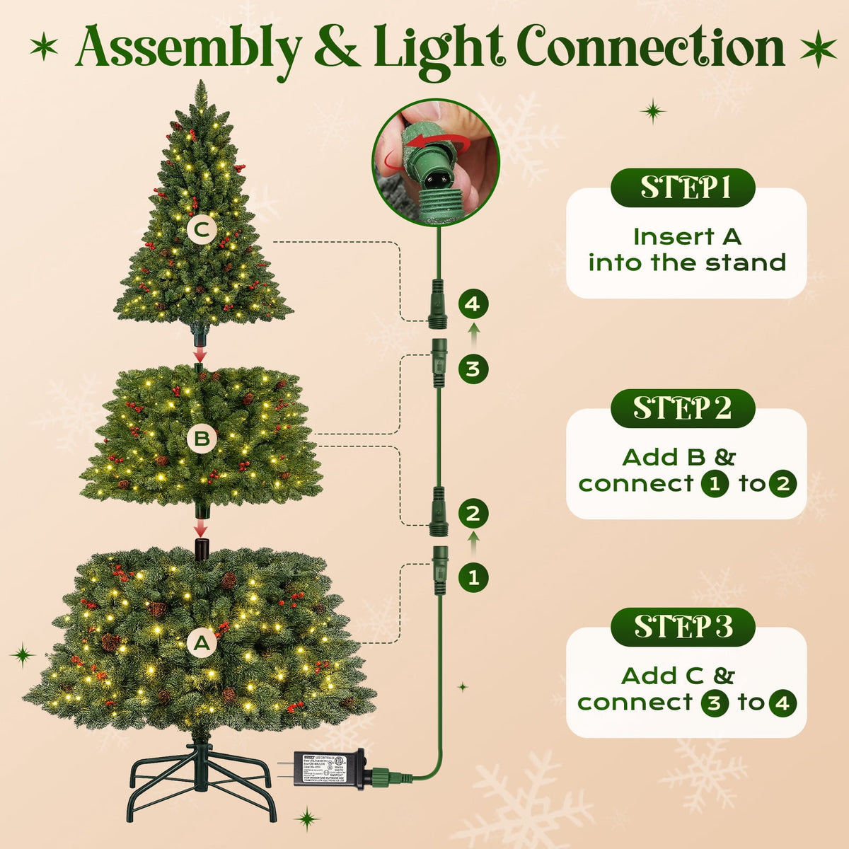Goosiay Artificial Christmas Tree Pre-Lit Flocked Hinged with Red Berries & Pinecones, 350 Warm White & Multicolor LED Lights, 7 ft