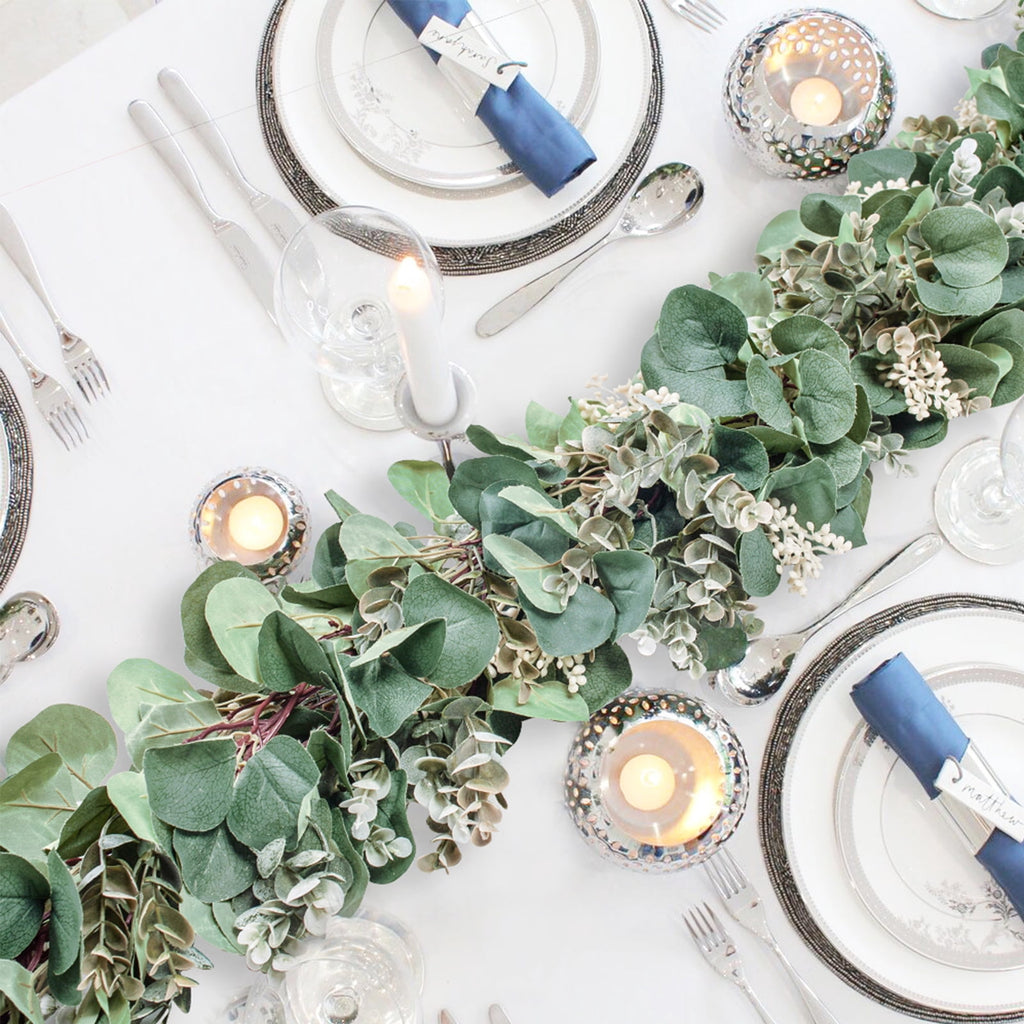 Scidweet Christmas Eucalyptus Garland, 2 Pcs 6.56 FT Artificial Greenery Garland Silver Dollar Leaves Boxwood Vines with White Buds for Home Wedding Party Table Mantle Xmas Decor