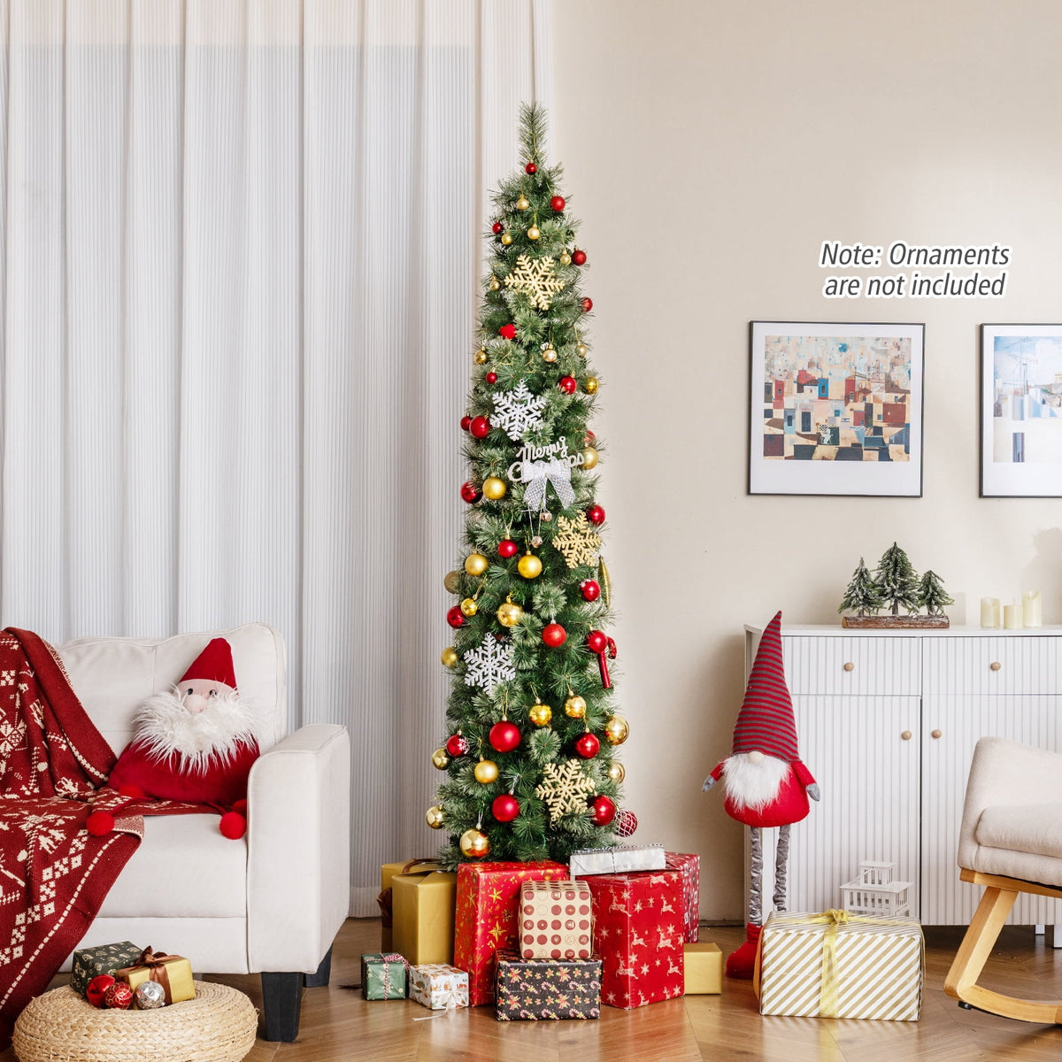 Costway 7 FT Pre-Lit Pencil Artificial Christmas Tree with 150 LED Warm White Lights,8 Modes
