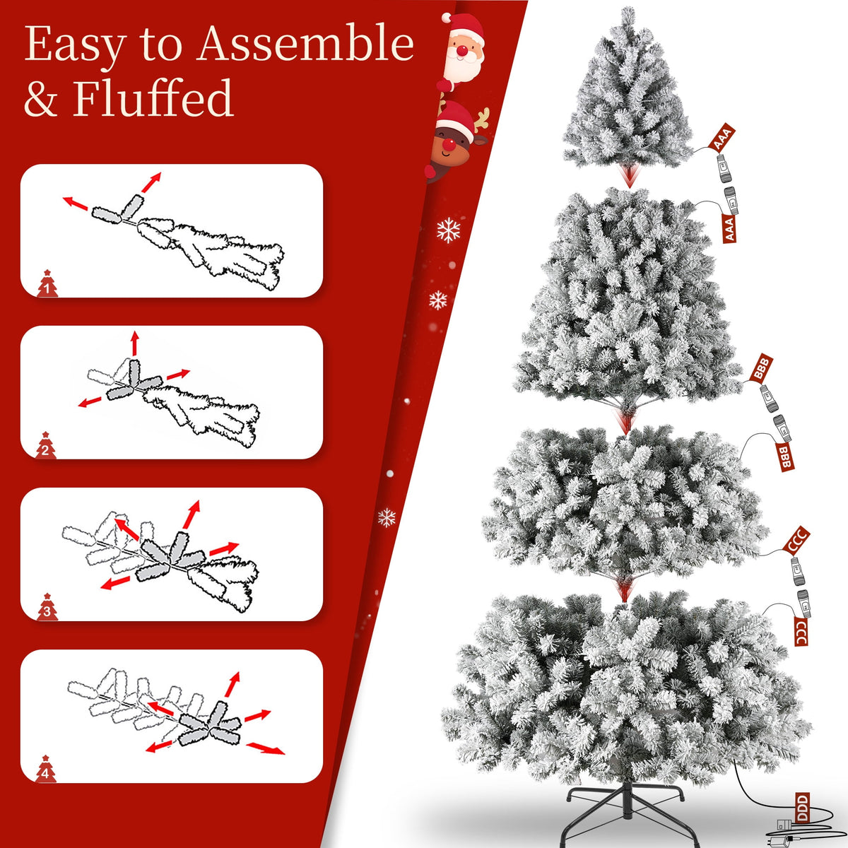 Yexmas 7.5FT Pre-Lit Snow Flocked Christmas Tree,Artificial White Christmas Tree with Large Christmas Tree Storage Bag,11 Modes Warm White & Multicolor LED Lights for Xmas Decoration