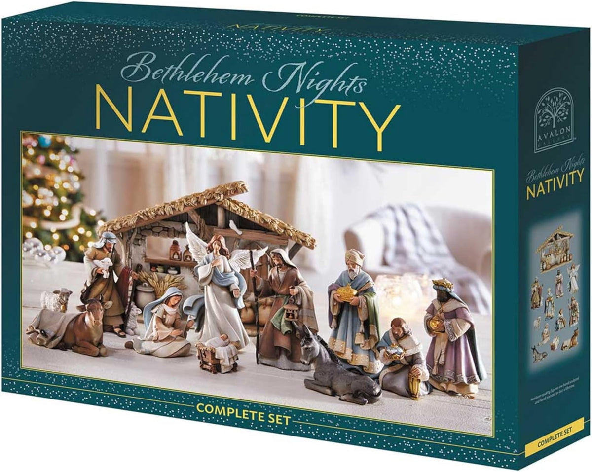 Christian Brands Bethlehem Nights Christmas Nativity Scene with Creche 12 Piece Set