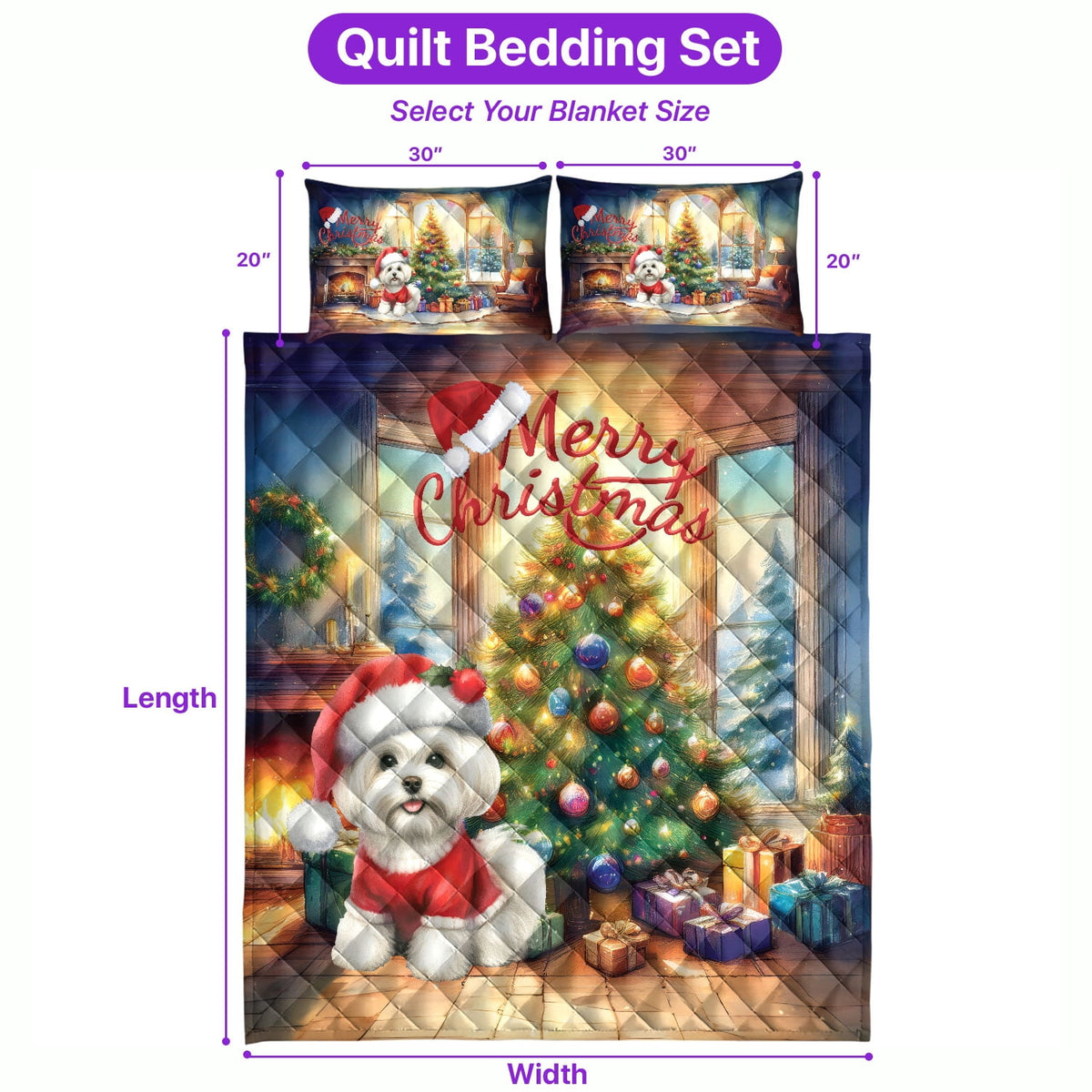 Merry Christmas French Bulldog Santa Hat Xmas Tree Winter Holiday Quilt Bedding Set Dog Lover Gifts 1 Blanket Bed Cover 2 Pillowcases - 01013