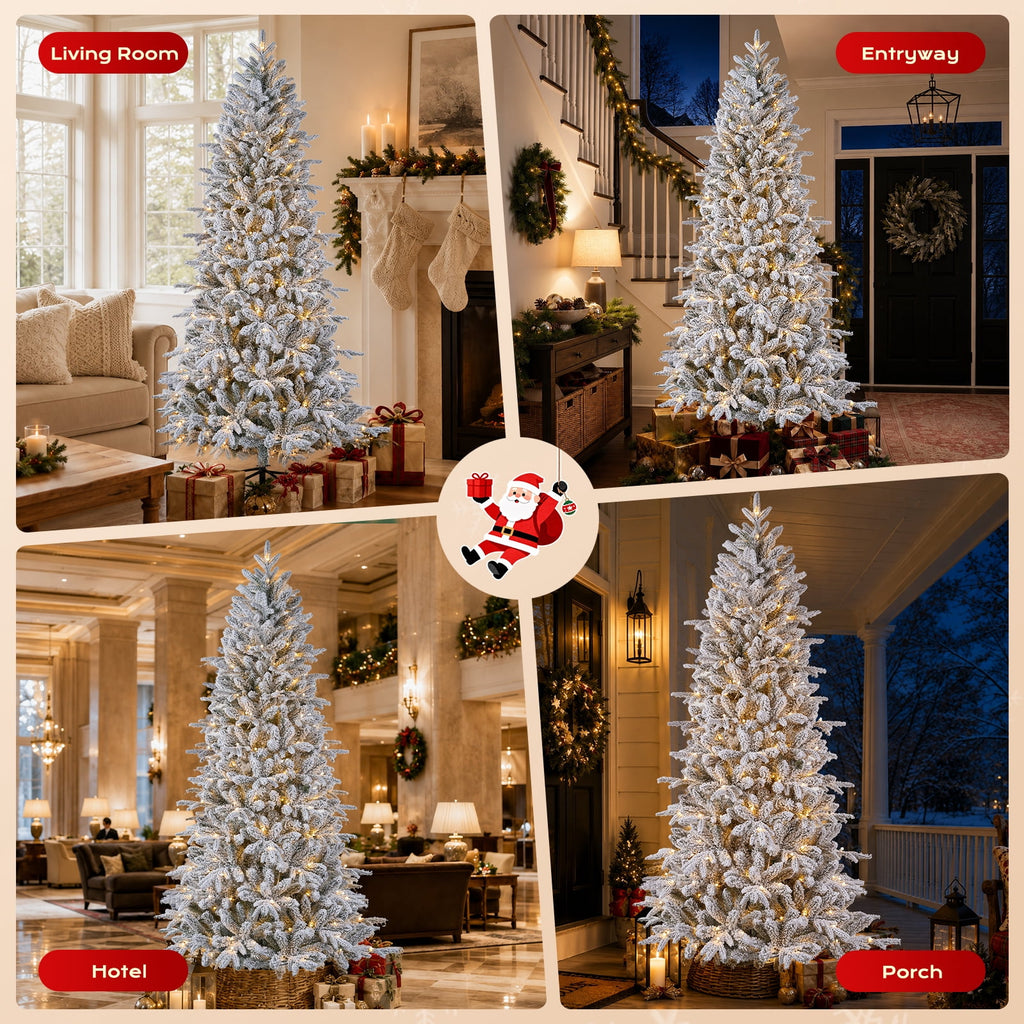 Goosiay 7FT Pre-Lit Flocked Fir Christmas Tree, 1060 PE & PVC Tips, 300 Warm White LED Lights, Snowy Hinged Artificial Christmas Tree for Living Room & Holiday Decor
