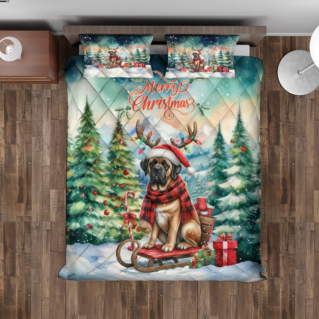 Merry Christmas Santa Reindeer Antlers French Bulldog Sleigh Xmas Winter Holiday Quilt Bedding Set Dog Lover Gifts 1 Blanket Bed Cover 2 Pillowcases - 00023
