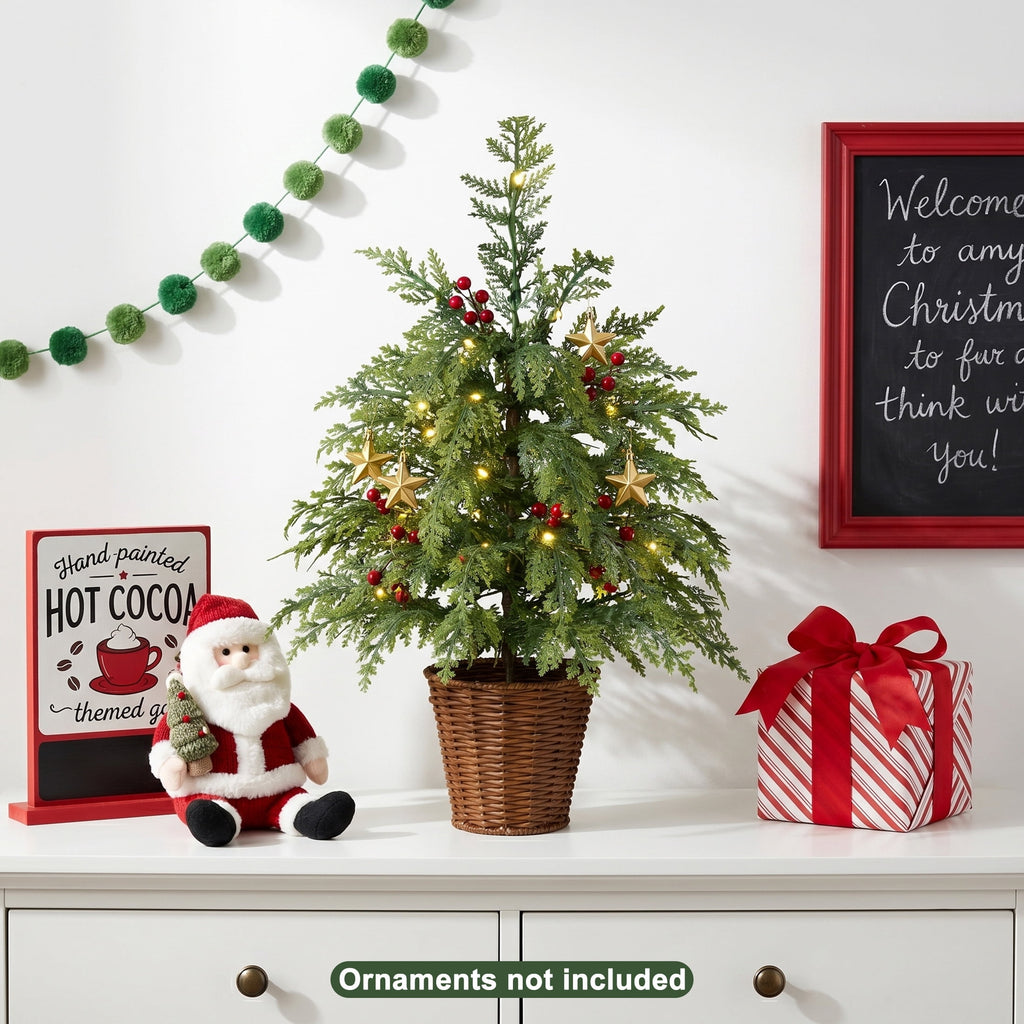DR.Planzen 24" Pre-Lit Green Cypress Artificial Christmas Tree with 30 Warm White LED Lights, Mini Tabletop Xmas Tree in Woven Basket Base, Indoor Holiday Decoration