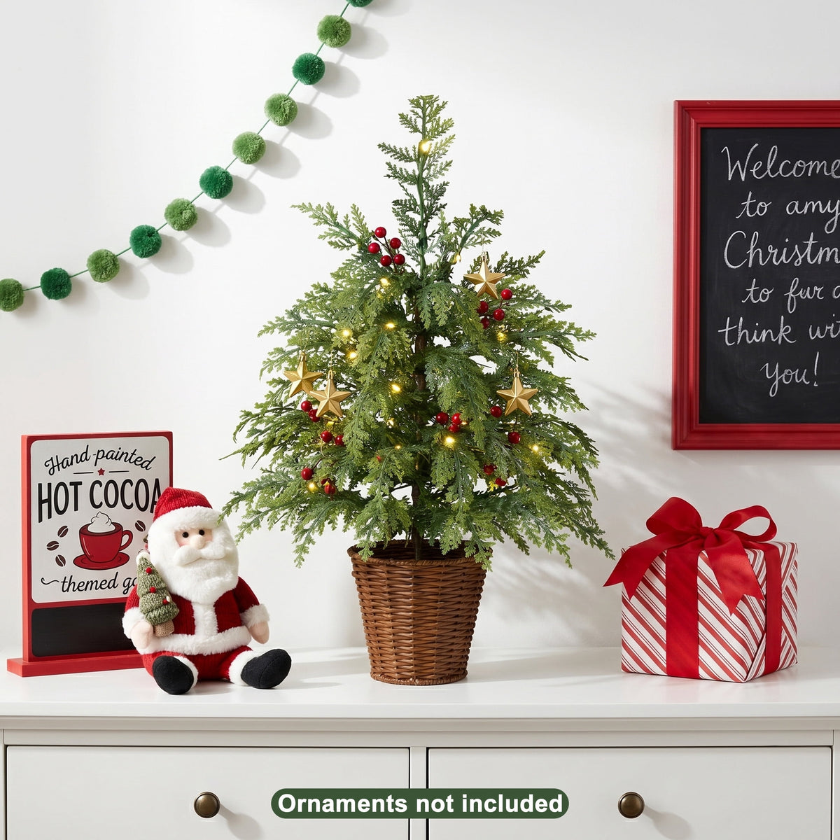 DR.Planzen 24" Pre-Lit Green Cypress Artificial Christmas Tree with 30 Warm White LED Lights, Mini Tabletop Xmas Tree in Woven Basket Base, Indoor Holiday Decoration