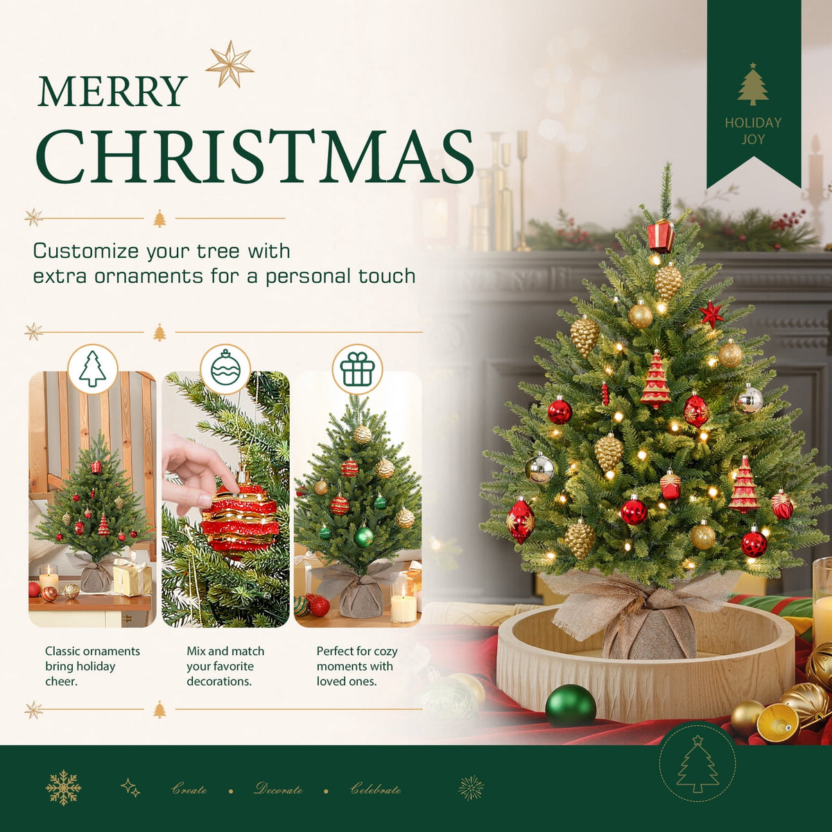 Lolsea 2ft Prelit Artificial Small Mini Christmas Tree with Color LED Lights, Remote Control and Timer, Perfect for Xmas Tabletop Decorations