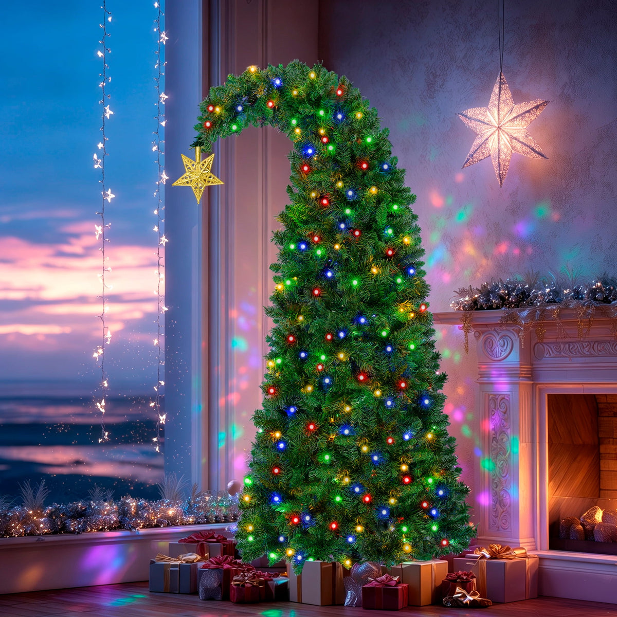 Firstness 7.5Ft Christmas Tree Crooked Neck, Prelit Artificial Xmas Tree with 400 Colorful Lights & 11 Modes, 1350 Branch Tips, Storage Bag, PVC Bendable Top Christmas Tree