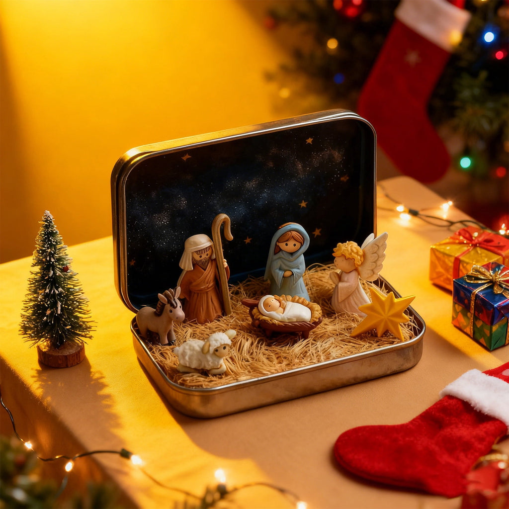 Easter Decorations 2026 - Mini Christmas Nativity Set In Tin Box Jesus Birth Scene Figurines Decoration for Tabletop Party Office Decor & Christian Holiday Gifts(1PCS)