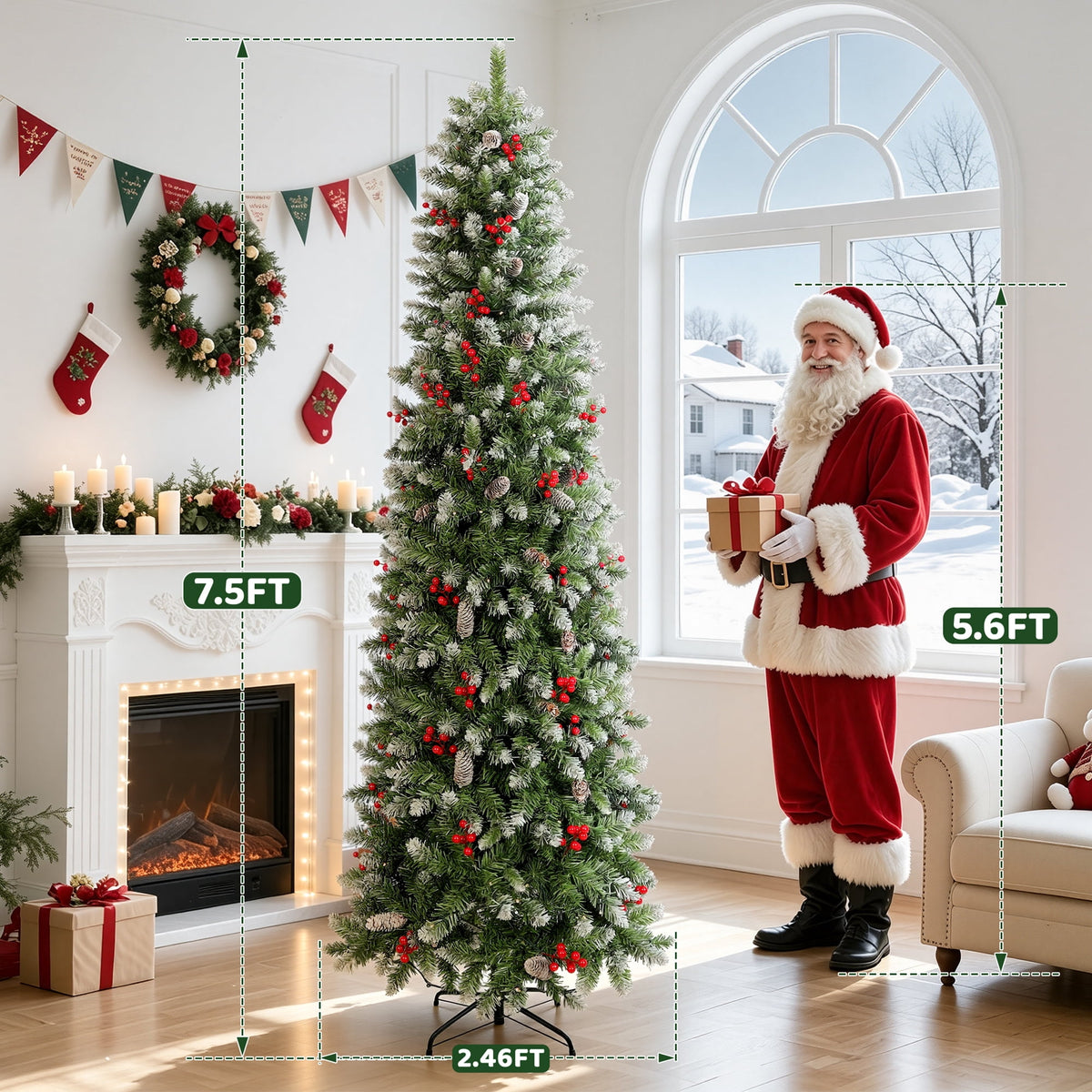 Aufeile 6ft Pencil Christmas Tree, Slim Pre-Lit Xmas Tree, 200 LED Lights, 600 Hinged Tips, Pine Cones, Berries, Metal Stand
