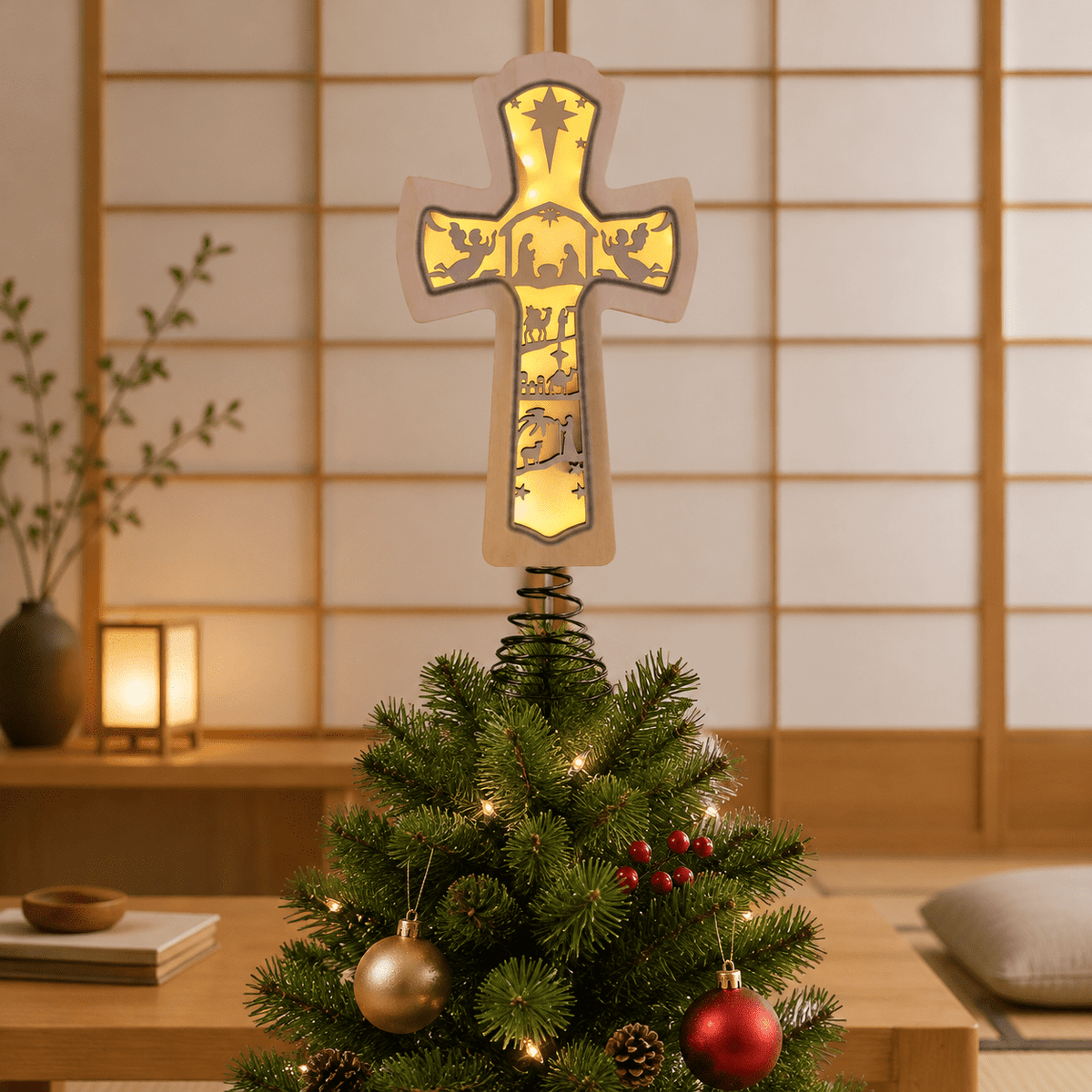 Lighted Christmas Tree Topper Wooden Nativity Cross Scene with Hollow Silhouette Glow for Holiday Decor