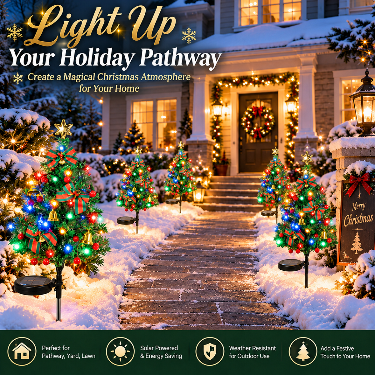2 Pack Solar Powered Christmas Tree Lights, Outdoor Holiday Decor with 40 Bright LEDs, Waterproof Xmas Garden Decorations for Pathway, Yard, Grave and Lawn