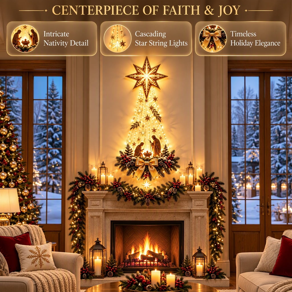 Bethlehem Star of Faith Lighted Nativity Wall Decor, Warm LED Christmas Hanging, Gold, Indoor Outdoor, Meaningful Holiday Gift B