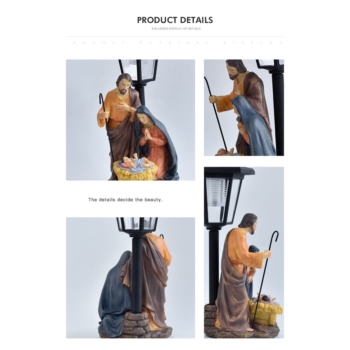 Handcrafted Solar Operated Light Nativity Manger Scene Resins Ornament Christian Religious Outdoor Garden Lawns Decors