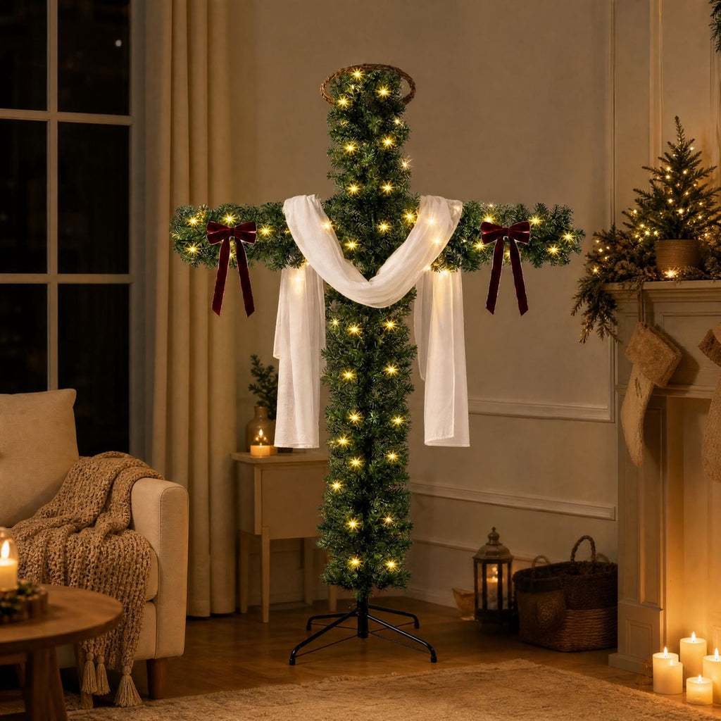 5ft Christmas Cross Tree with Bow & Scarf, Religious Christmas Tree with Warm LED Lights