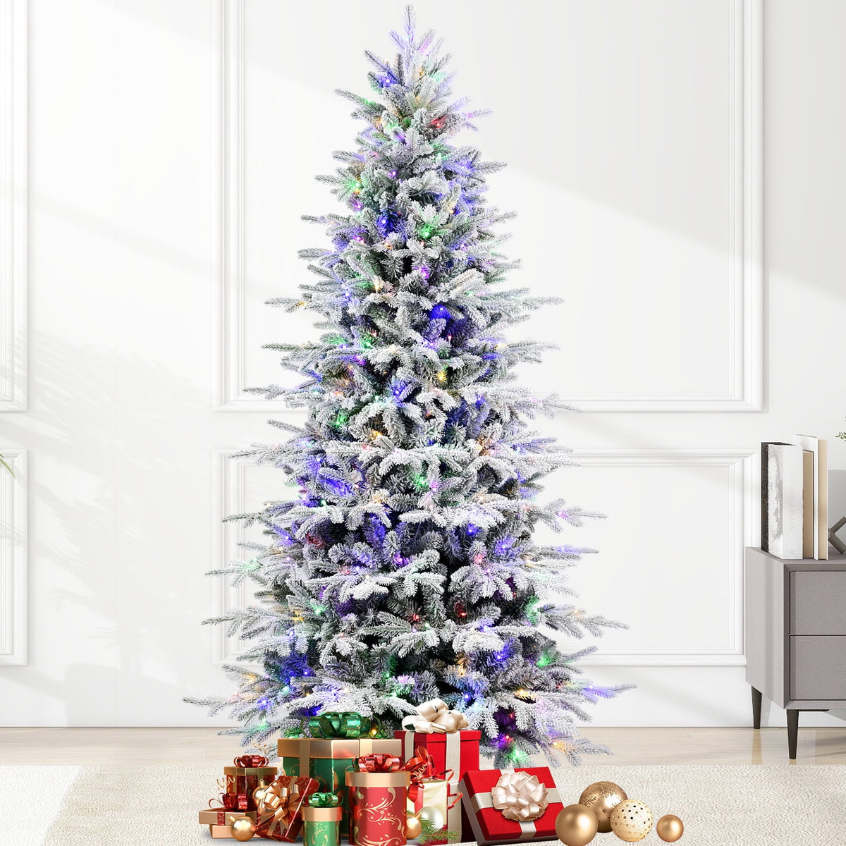 Makeatree 6 ft Prelit Snow Flocked Christmas Tree Frosted Artificial Xmas Tree with Multicolor Lights &1582PE PVC Tips, 9 Color Modes