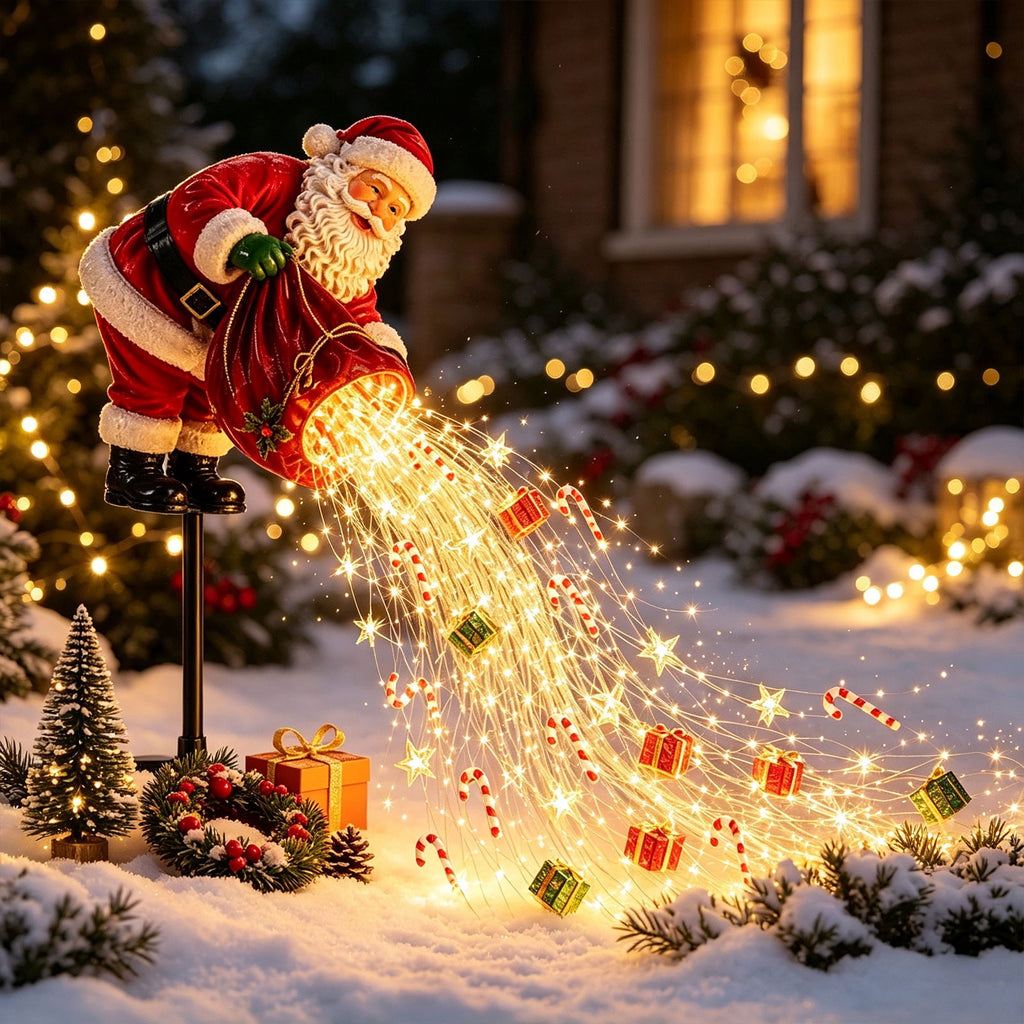 Luckky Santa’s Flying Sleigh Gift Cascade Solar Christmas Garden Light,Warm Golden Cascading LED Lights with Falling Gifts & Star,Solar Powered Outdoor Holiday Decor for Lawn,Pathway & Yard