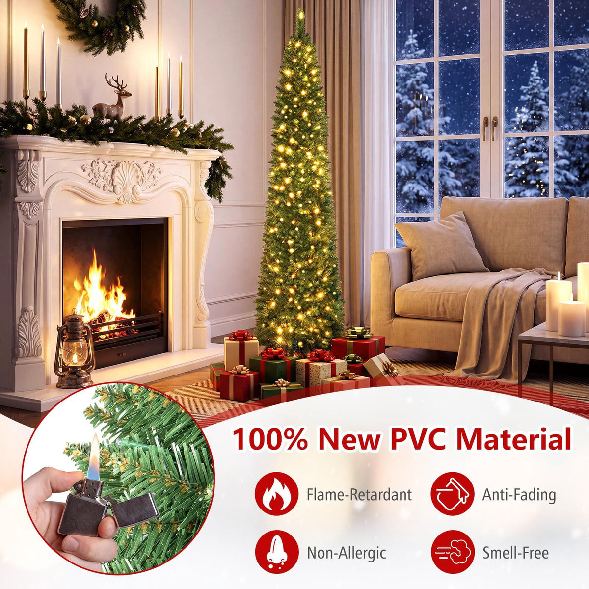 Costway 6 FT Pencil Christmas Tree Pre-Lit Folding Metal Stand Green