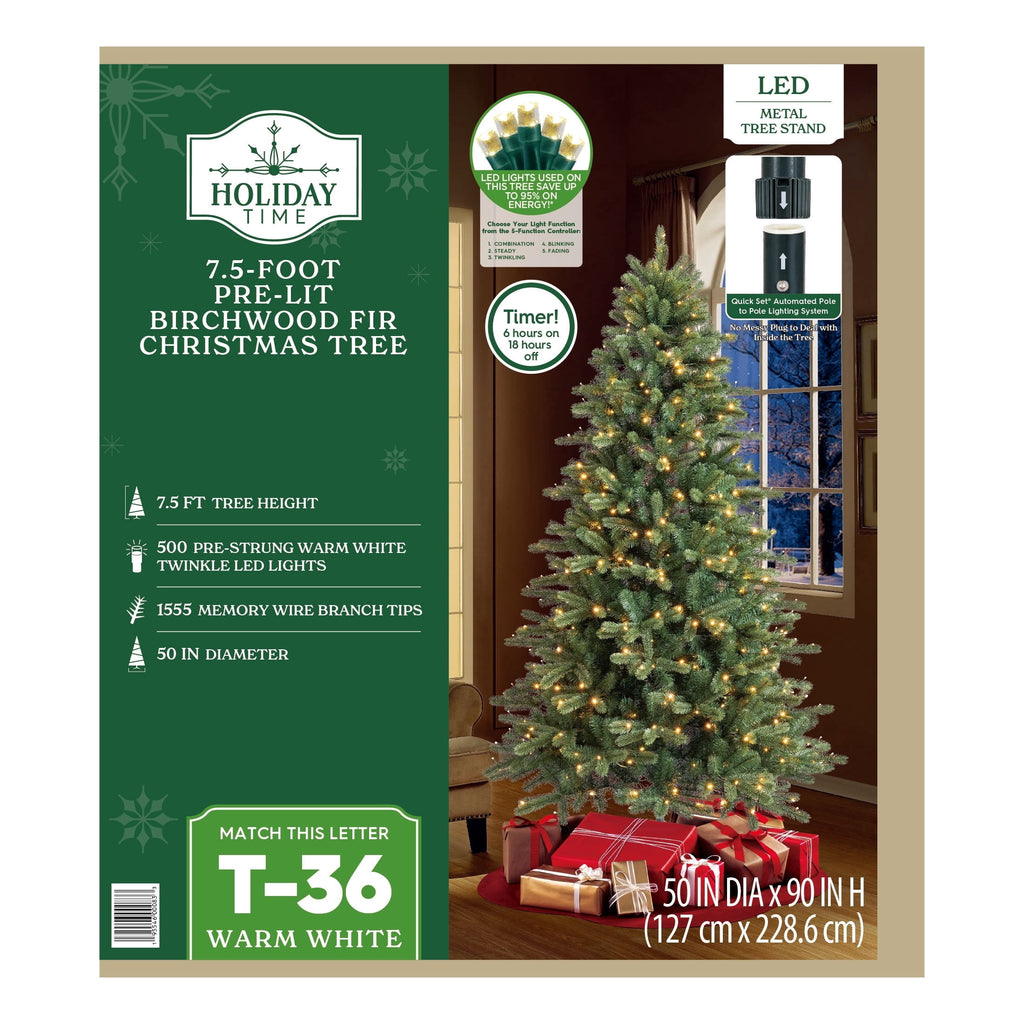 7.5' Pre-Lit Birchwood Fir Green Artificial Christmas Tree with 500 Warm White Twinkle LED Lights, Quick Set, and Stand, by Holiday Time