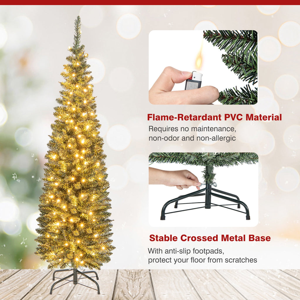 Gymax 9 FT Pre-Lit Artificial Christmas Tree Realistic Slim Pencil Xmas Tree