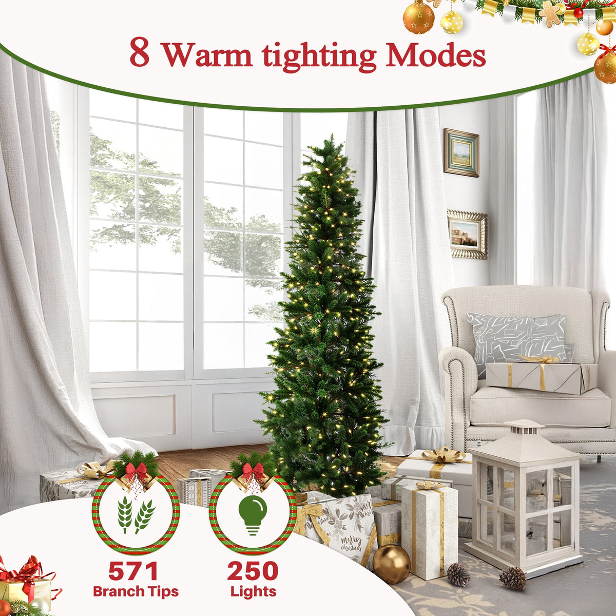 edx 6ft Pre-lit Pencil Christmas Tree, Green Artificial Spruce Slim Christmas Trees, With 250 LED Lights, 571 Branch Tips & Foldable Base, For Home, Office, Party Decoration