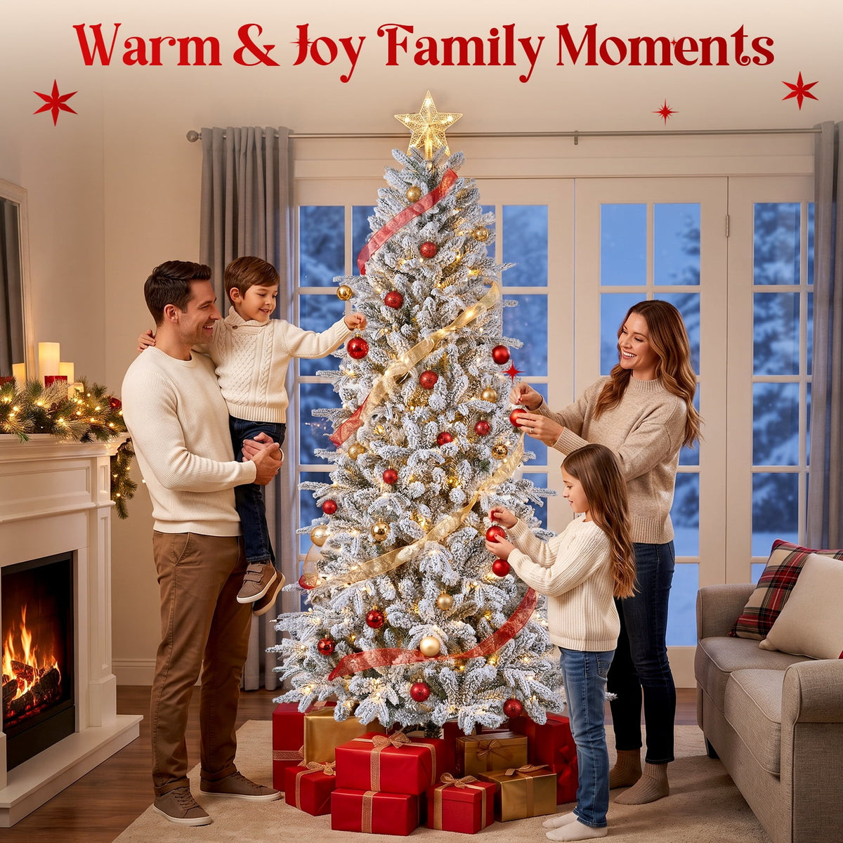 Goosiay 7FT Pre-Lit Flocked Fir Christmas Tree, 1060 PE & PVC Tips, 300 Warm White LED Lights, Snowy Hinged Artificial Christmas Tree for Living Room & Holiday Decor